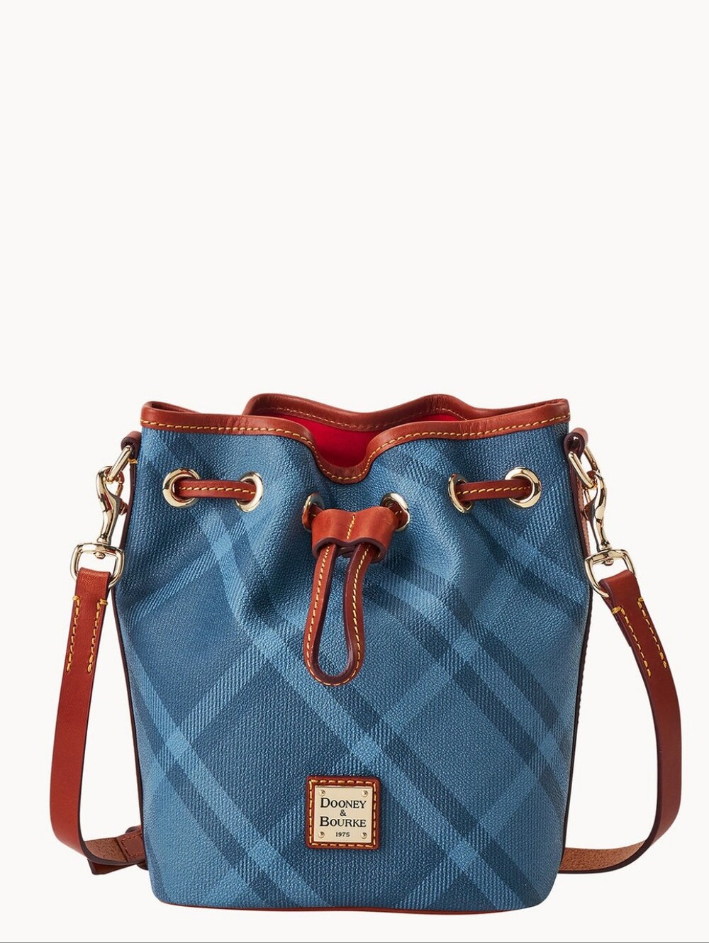 Dooney & Bourke Blue Plaid Drawstring Bag with Brown Trim